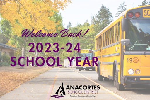 Image of school buses with words Welcome Back 2023-24 school year